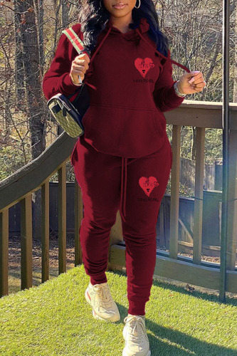 Burgundy Casual Print Patchwork Hooded Collar Long Sleeve Two Pieces