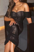 Black Sexy Patchwork Solid Backless Fold Off the Shoulder One Step Skirt Dresses