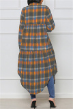 Orange Casual Plaid Print Cardigan Turndown Collar Outerwear