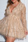Champagne Sexy Patchwork Tassel Sequins V Neck Long Sleeve Plus Size Dresses