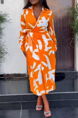 Tangerine Red Street Print Patchwork Turndown Collar Waist Skirt Dresses