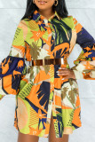 Orange Casual Print Patchwork Turndown Collar Shirt Dress (Without Belt)
