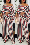 Red White Casual Striped Printing Off the Shoulder Long Sleeve Two Pieces