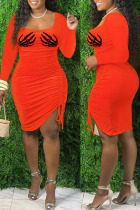 Tangerine Red Street Print Patchwork Draw String Fold Asymmetrical Square Collar Irregular Dress Dresses