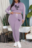 Pink Casual Print Letter Hooded Collar Plus Size Two Pieces