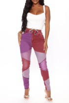 Fuchsia Casual Color Block Patchwork Mid Waist Skinny Denim Jeans
