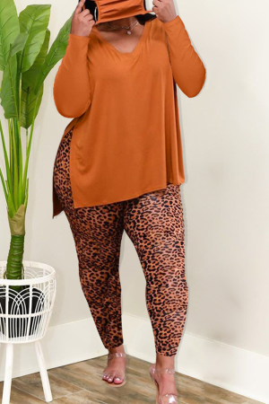Tangerine Red Street Leopard Patchwork V Neck Plus Size Two Pieces