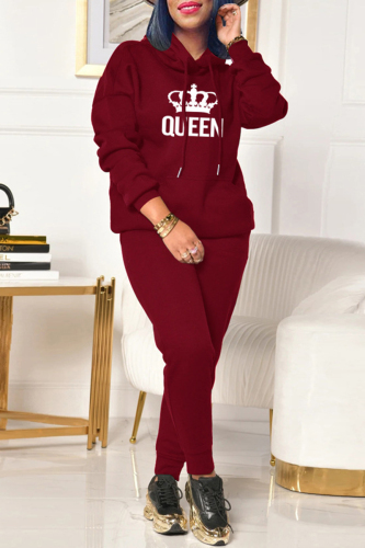 Burgundy Casual Print Patchwork Hooded Collar Long Sleeve Two Pieces