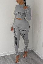 Grey Casual Sportswear Print Patchwork O Neck Long Sleeve Two Pieces