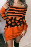 Tangerine Red Casual Print Patchwork Off the Shoulder Long Sleeve Dresses