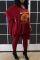 Burgundy Casual Daily Lips Printed V Neck Long Sleeve Two Pieces