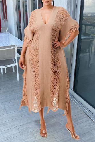 Apricot Sexy Solid Tassel Hollowed Out Patchwork V Neck Beach Dress Dresses