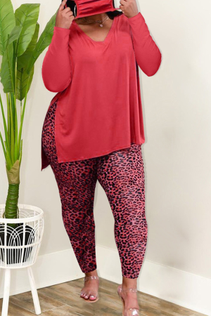 Red Street Leopard Patchwork V Neck Plus Size Two Pieces