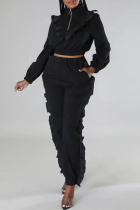Black Casual Solid Patchwork Zipper Collar Long Sleeve Two Pieces