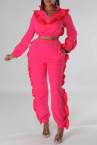 Rose Red Casual Solid Patchwork Zipper Collar Long Sleeve Two Pieces