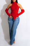 Red Sexy Solid Patchwork Asymmetrical Turtleneck Tops(With Sleeves)
