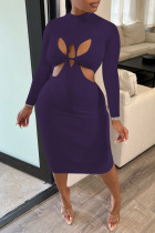 Purple Sexy Solid Hollowed Out Patchwork O Neck Pencil Skirt Dresses