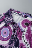 Purple Fashion Print Patchwork Turndown Collar Pencil Skirt Plus Size Dresses