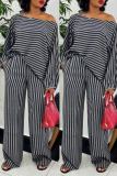 Black White Casual Striped Printing Off the Shoulder Long Sleeve Two Pieces
