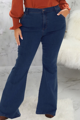 Tibetan Blue Casual Solid Patchwork Plus Size Jeans