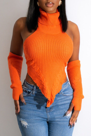 Orange Sexy Solid Patchwork Asymmetrical Turtleneck Tops(With Sleeves)