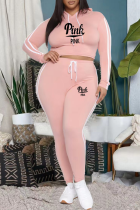 Pink Casual Print Letter Hooded Collar Plus Size Two Pieces