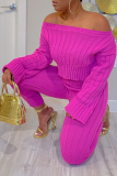 Rose Pink Sexy Casual Solid Pullovers Pants Off the Shoulder Long Sleeve Two Pieces