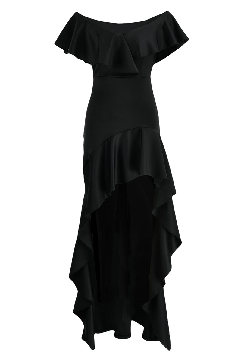 Black Elegant Solid Patchwork Flounce Asymmetrical V Neck Evening Dress ...