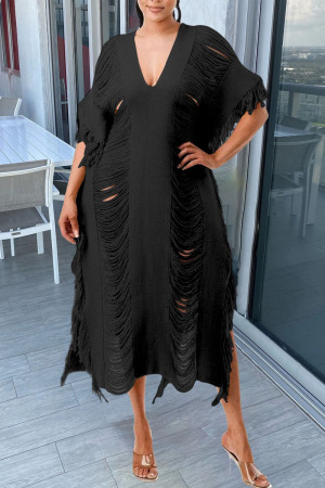 Sexy Vacation Color Block Hollowed Out Contrast Weave V Neck Beach Dresses