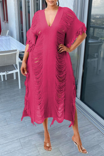 Rose Red Sexy Solid Tassel Hollowed Out Patchwork V Neck Beach Dress Dresses