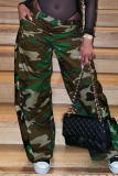 Blue Casual Camouflage Print Patchwork Regular Mid Waist Trousers