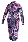 Purple Fashion Print Patchwork Turndown Collar Pencil Skirt Plus Size Dresses