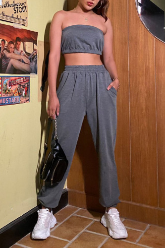 Grey Sexy Solid Patchwork Strapless Sleeveless Two Pieces
