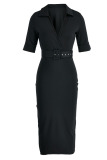 Black Casual Solid Patchwork With Belt Turndown Collar One Step Skirt Dresses