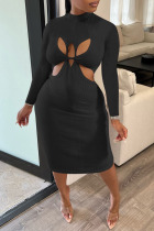 Black Sexy Solid Hollowed Out Patchwork O Neck Pencil Skirt Dresses