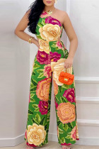 Multicolor Casual Print Hollowed Out Backless Oblique Collar Regular Jumpsuits