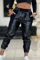 Black Casual Solid Patchwork Regular High Waist Trousers