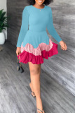 Yellow Blue Casual Solid Patchwork Fold O Neck Long Sleeve Dresses