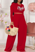 Red Casual Letter Print Basic O Neck Short Sleeve Two Pieces