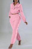 Pink Casual Solid Patchwork Zipper Collar Long Sleeve Two Pieces