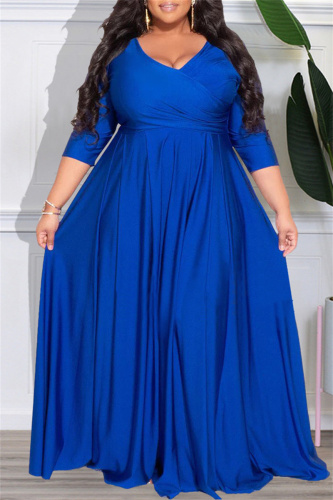 Blue Casual Solid Patchwork V Neck Long Sleeve Plus Size Dresses
