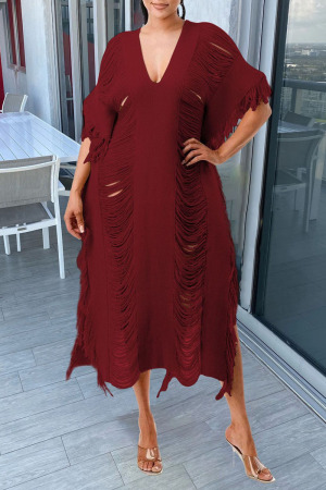 Tassel Hollow Out Fringed Beach Maxi Dresses