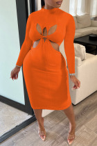 Tangerine Sexy Solid Hollowed Out Patchwork O Neck Pencil Skirt Dresses
