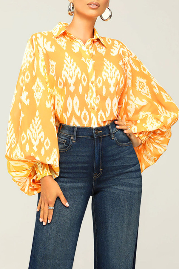 Yellow Casual Print Patchwork Buckle Turndown Collar Tops