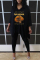 Black Casual Daily Lips Printed V Neck Long Sleeve Two Pieces