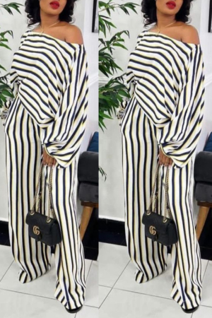 Black White Casual Striped Printing Off the Shoulder Long Sleeve Two Pieces