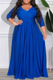 Blue Casual Solid Patchwork V Neck Long Sleeve Plus Size Dresses