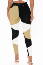 Khaki Casual Color Block Patchwork Mid Waist Skinny Denim Jeans