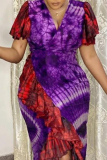 Red Purple College Print Tie Dye Flounce V Neck Sheath Dresses