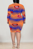 Tangerine Red Sexy Print Hollowed Out Patchwork O Neck Pencil Skirt Dresses